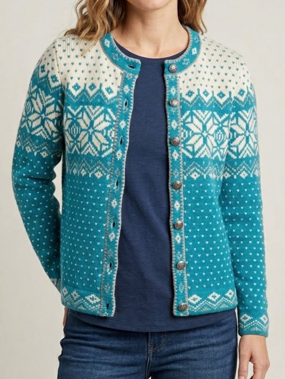 L.L. Bean Teal Cream Knit Fair Isle Button Front Cardigan Sweater Size Small